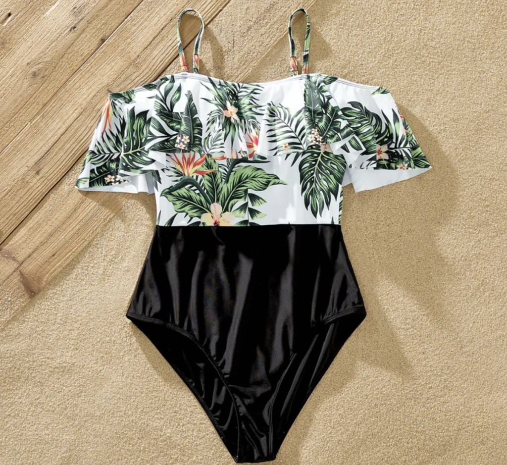 green leaf and black swimsuit