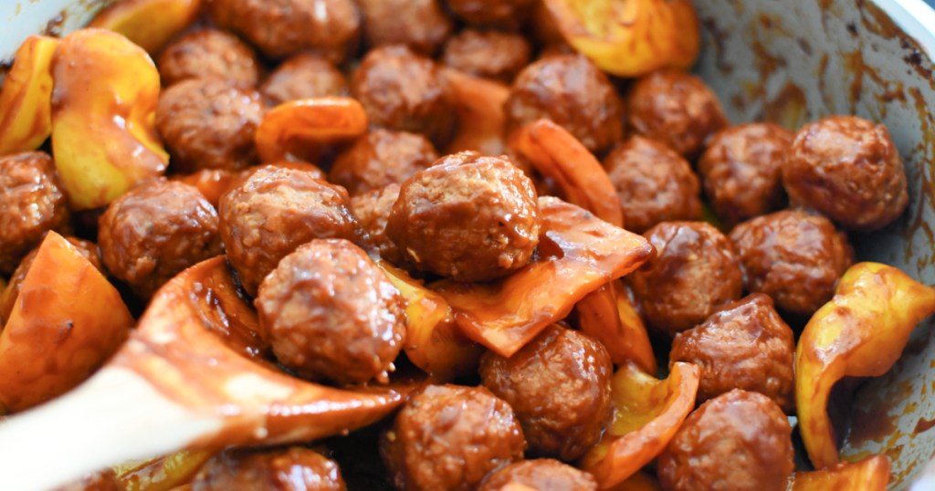 skillet with cooked meatballs in teriyaki sauce