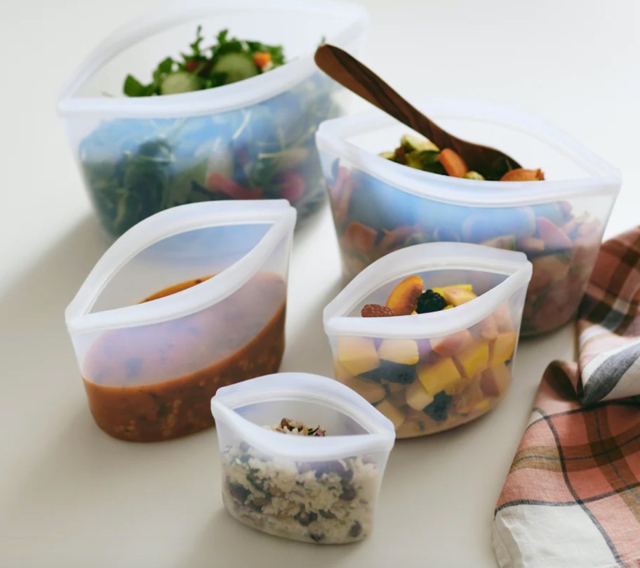 clear reusable stasher bowls on table with food inside