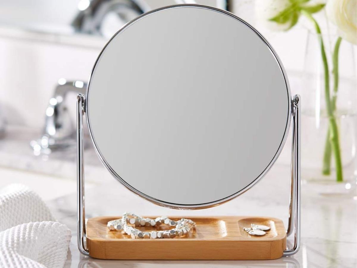 Amazon Basics Vanity Mirror with Squared Bamboo Tray