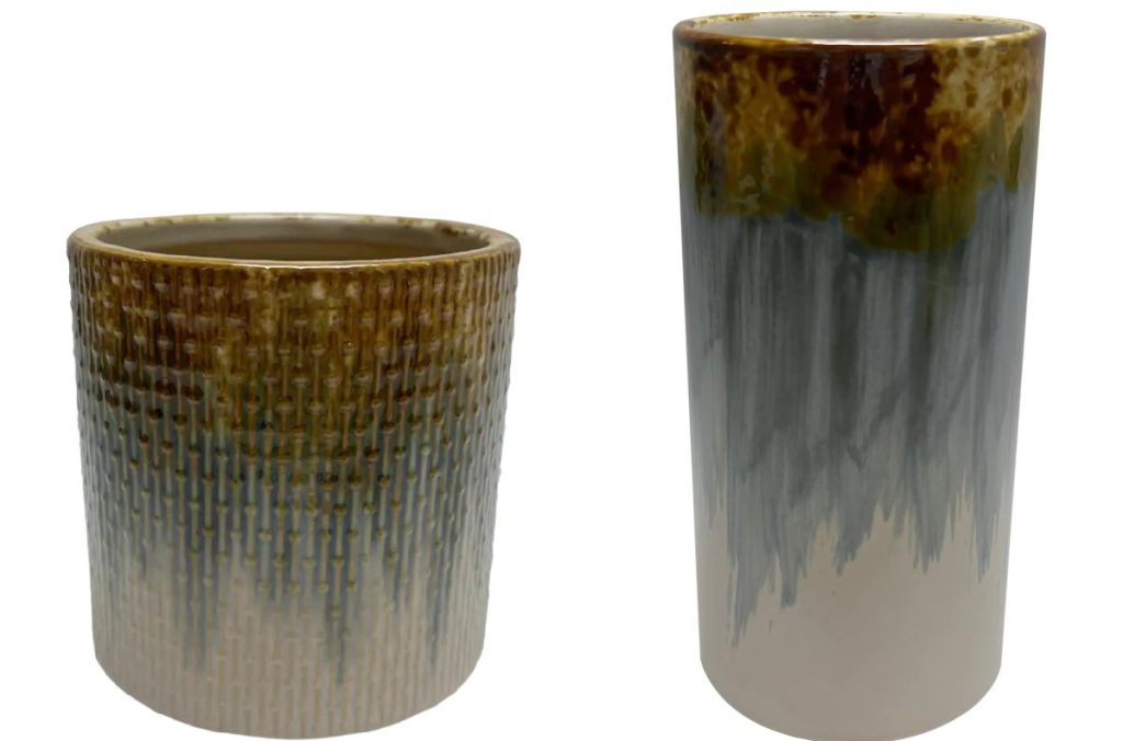 two brown and blue drip ceramic pots