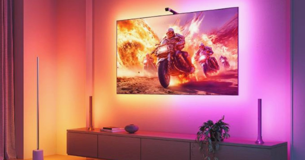 led lights lighting up behind flat screen tv 