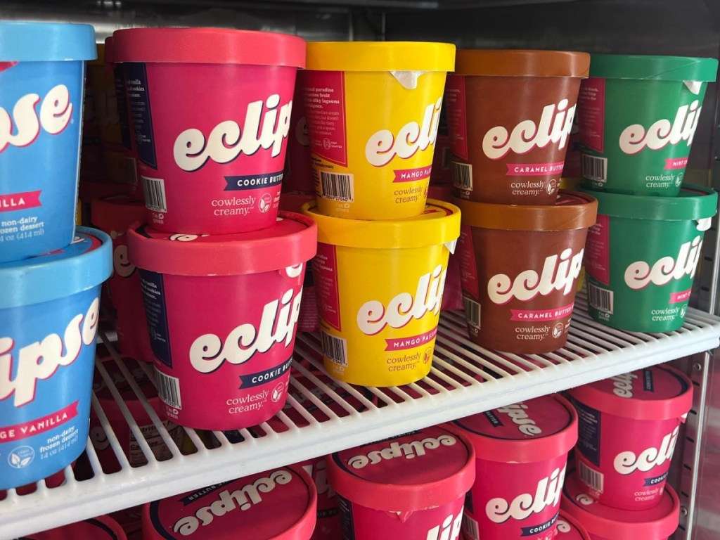 pints of ice cream in store freezer