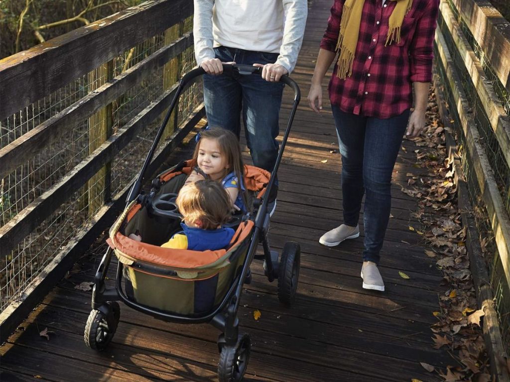 man pushing stroller with 2 toddlers in it