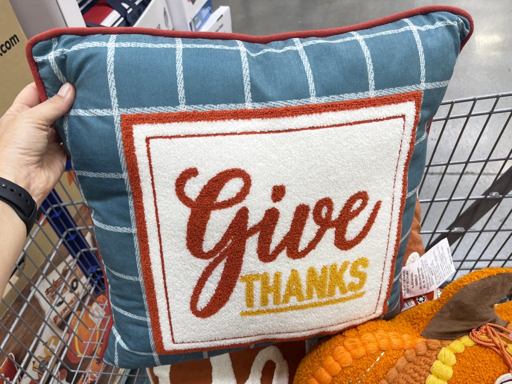 hand holding Give Thanks Throw Pillow