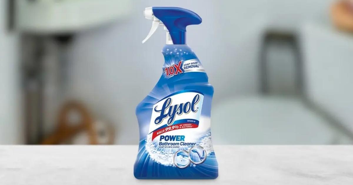 Lysol Power Foam Bathroom Cleaner Spray bottle sitting on a countertop