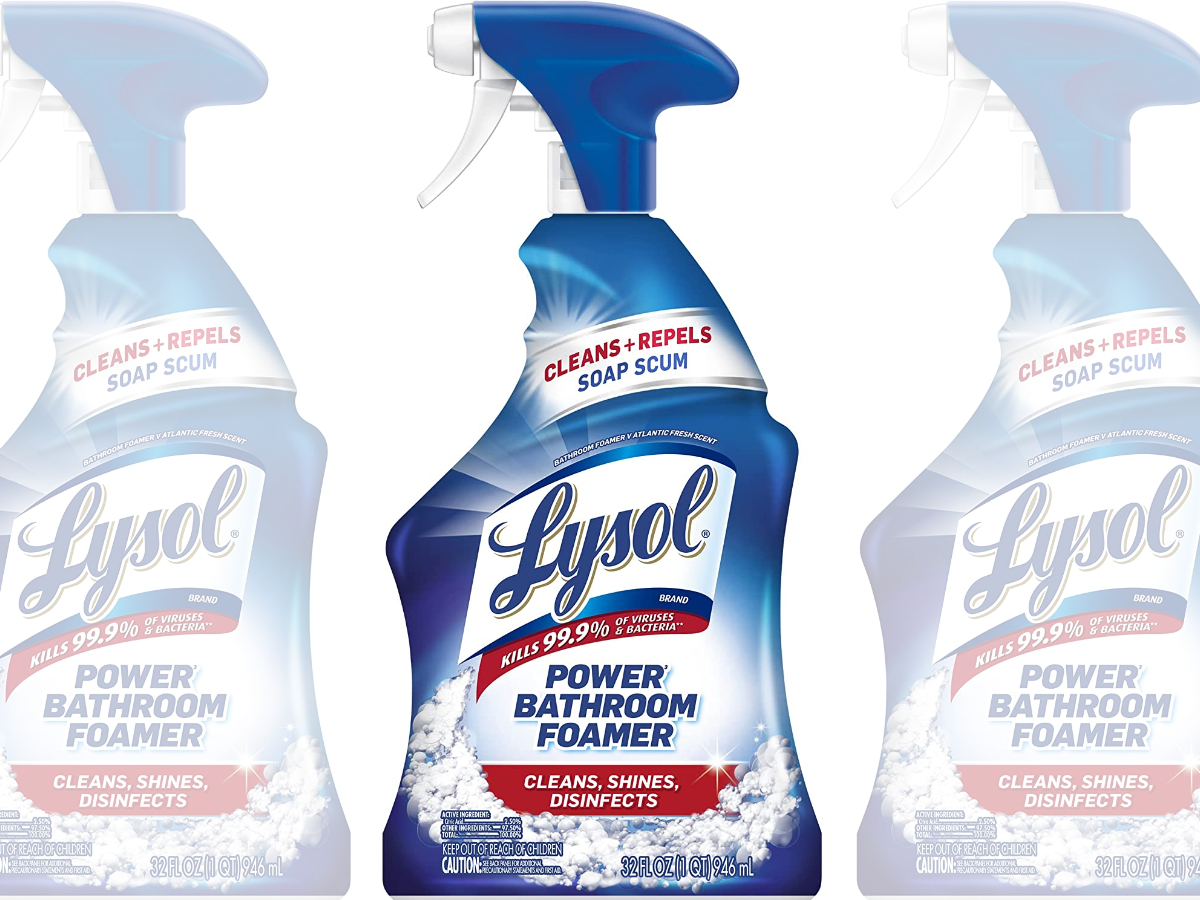 three side by side stock images of Lysol Power Foam Bathroom Cleaner bottles