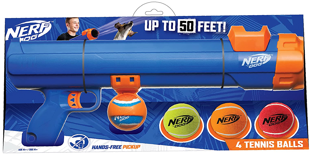 stock image of a nerf blaster dog toy in packaging