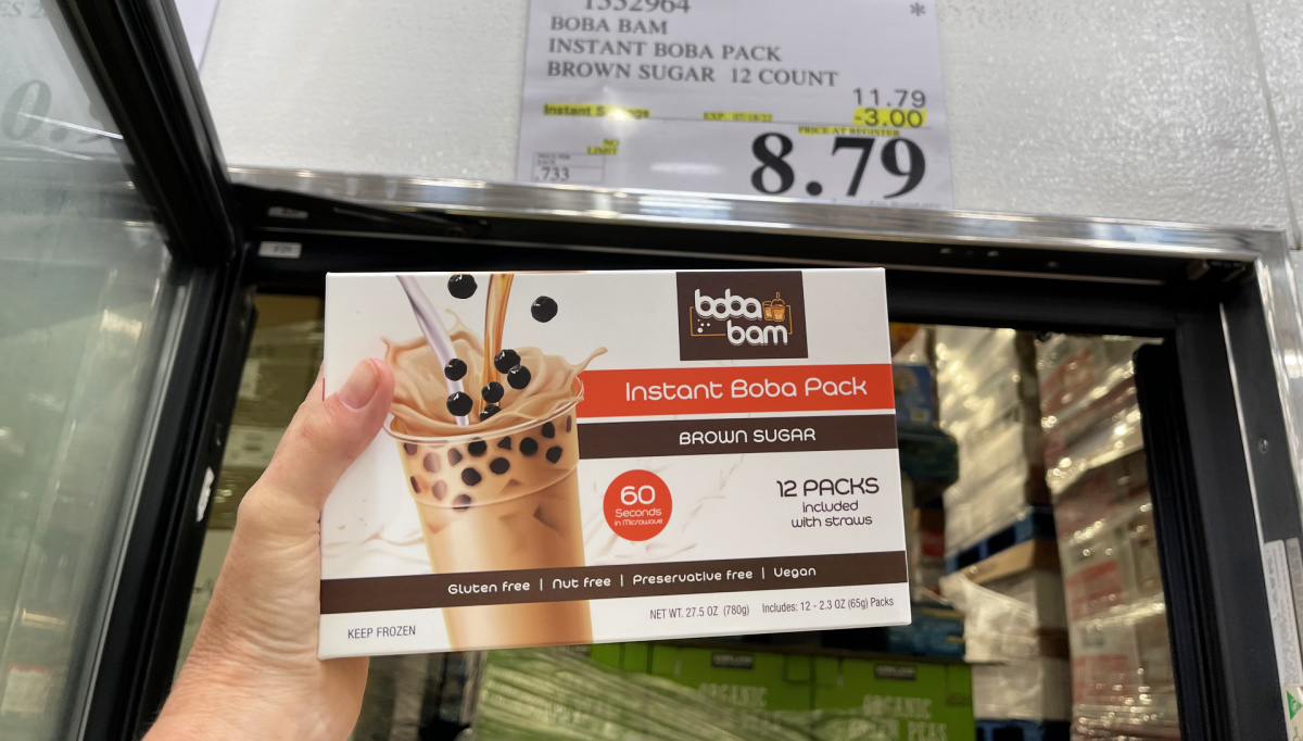 hand holding a pack of boba bam instant boba at costco