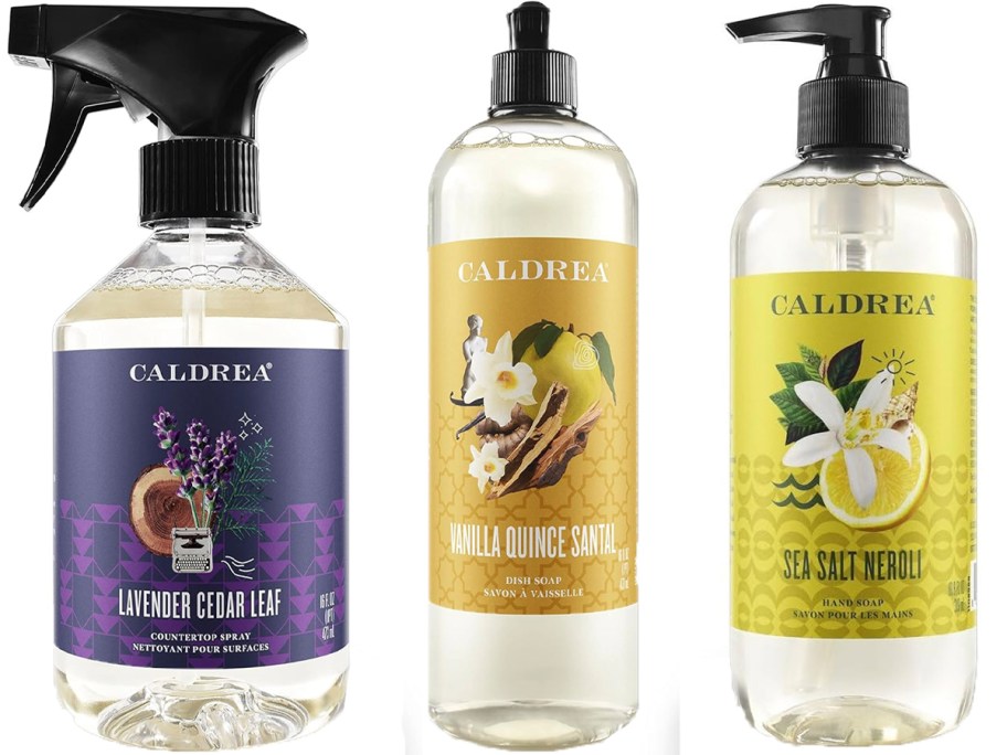 caldrea counter spray, dish soap, and hand soap bottles 