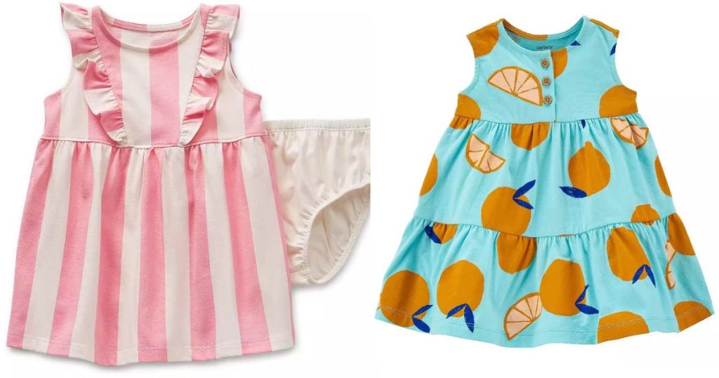 baby pink and white striped dress and fruit dress