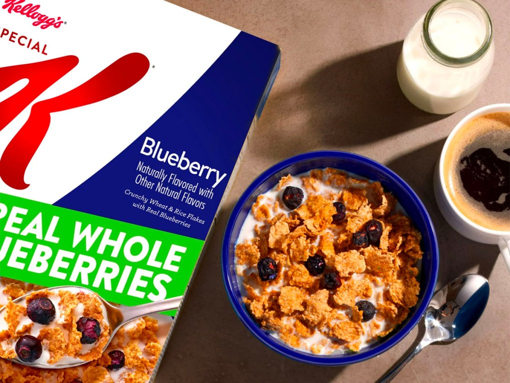 kelloggs special k blueberry cereal box next to bowl of cereal