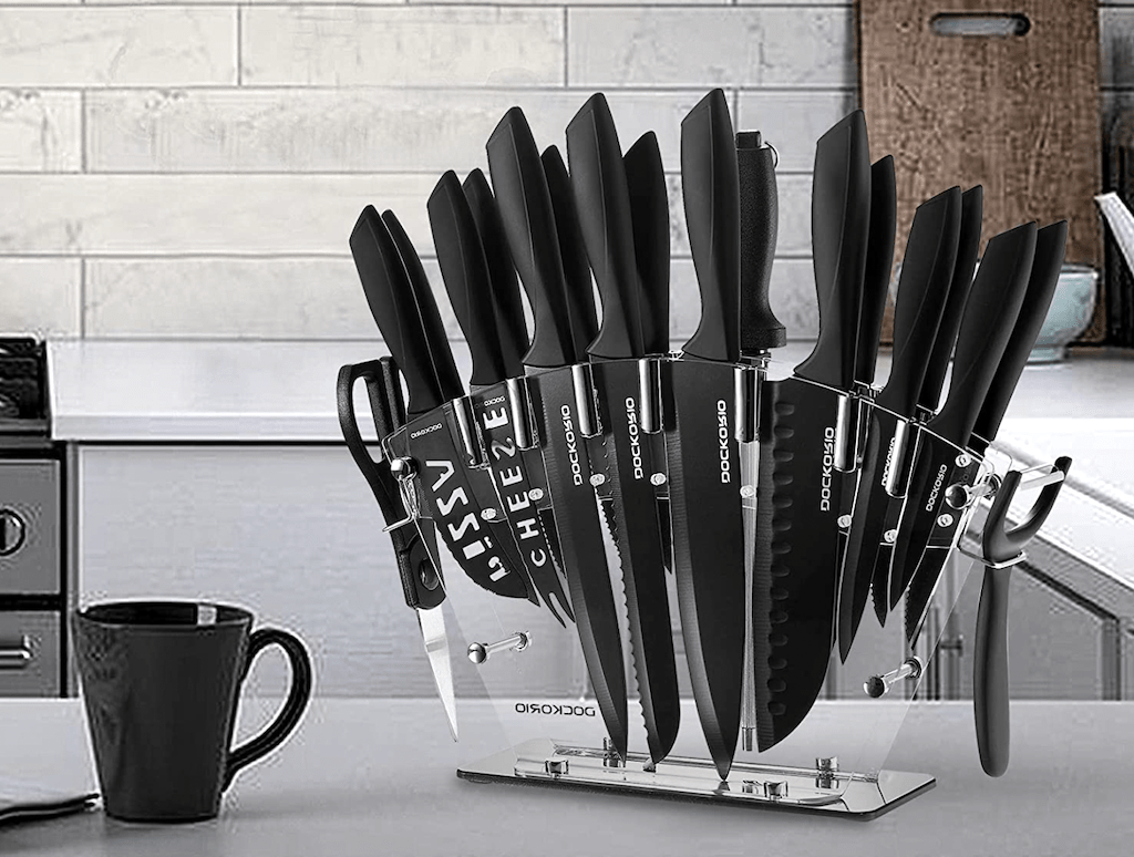 stainless steel kitchen knife set in holder 