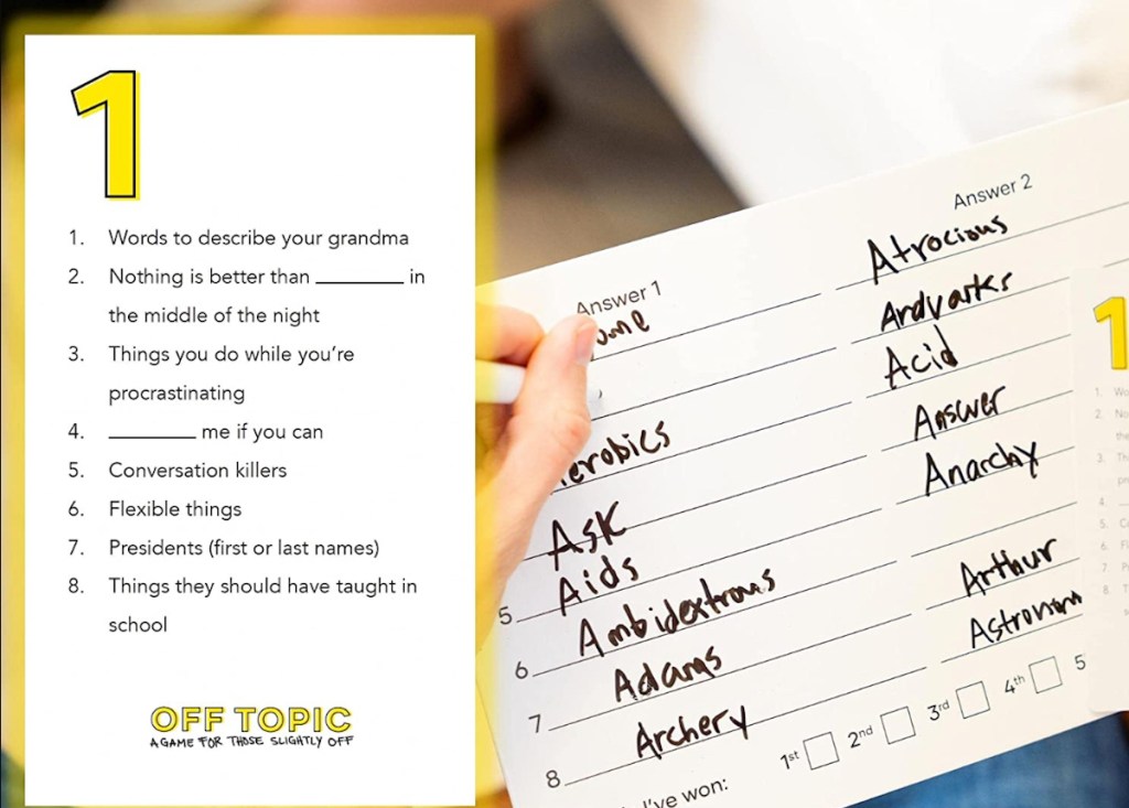 off topic board game for adults with answer card