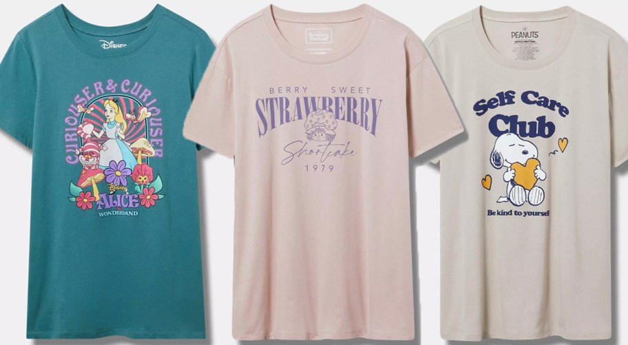 alice, strawberry shortcake and snoopy graphic tees 