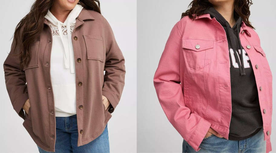 two women wearing brown and pink jackets 