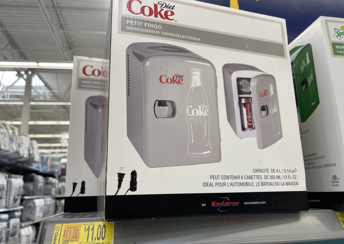diet coke mini fridge on display in walmart store