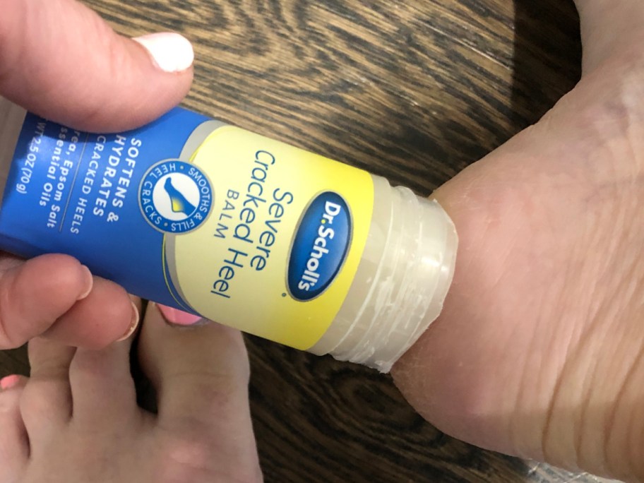 Dr. Scholl's Cracked Heel Balm applied to heel