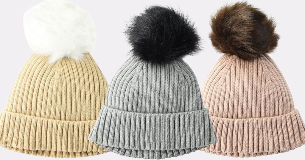 3 women's beanie with fur poms