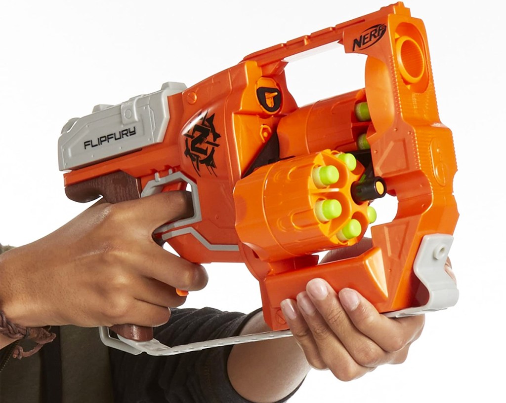 hands holding NERF Zombie Strike FlipFury Blaster