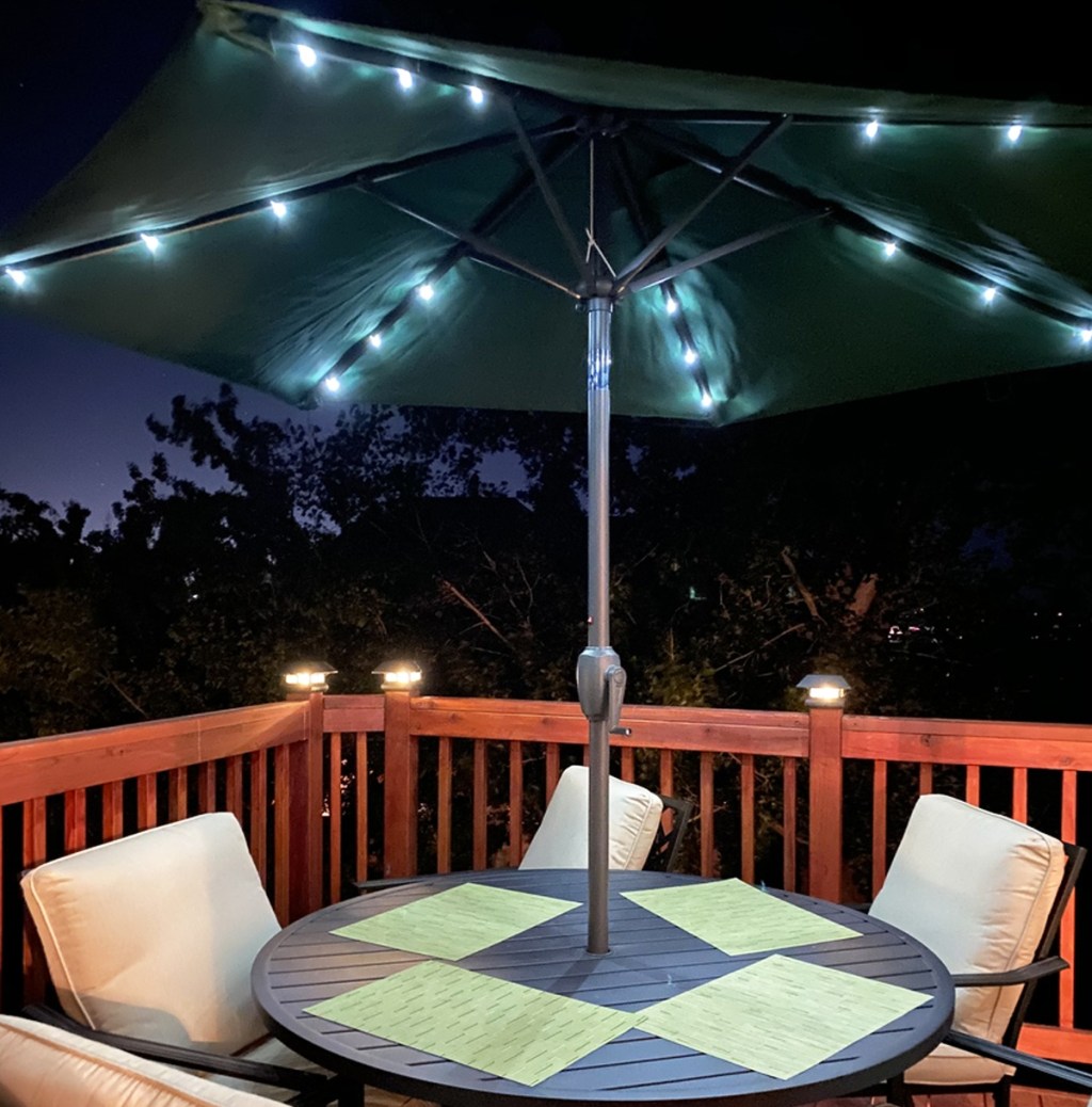 patio umbrella with light at night