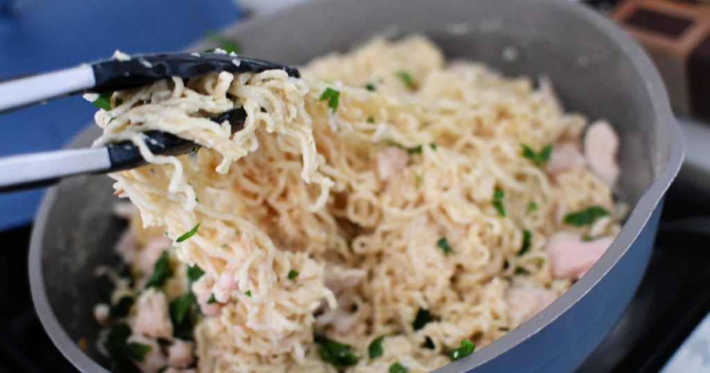 alfredo ramen in a skillet