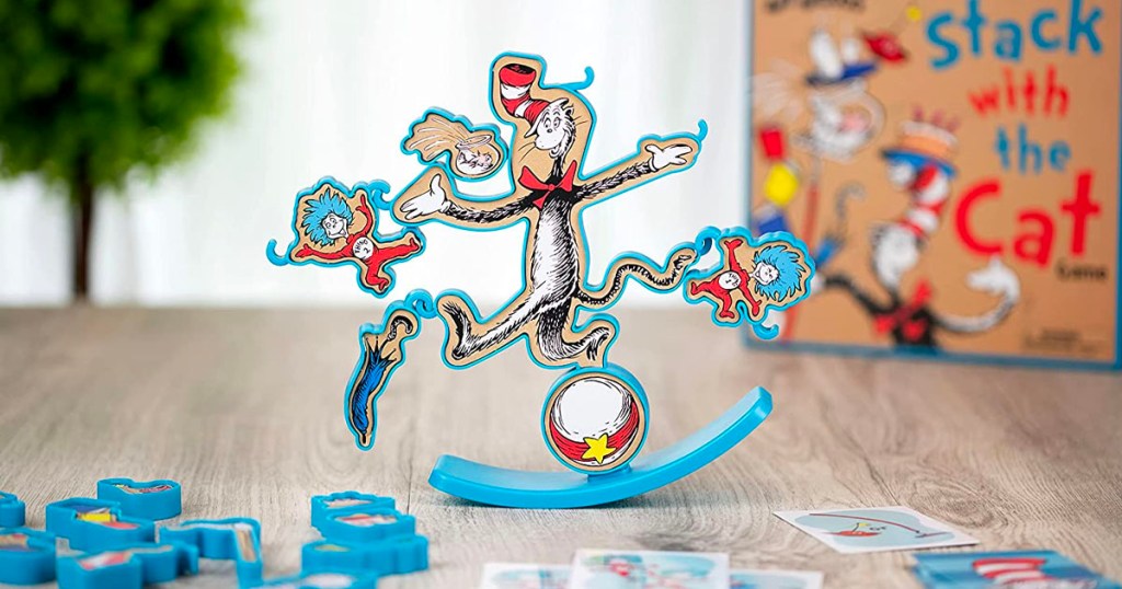 dr suess cat stacking game pieces on table