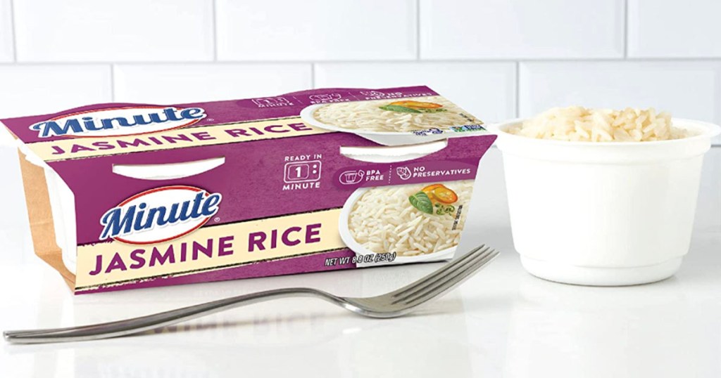 Jasmine minute rice cup on counter