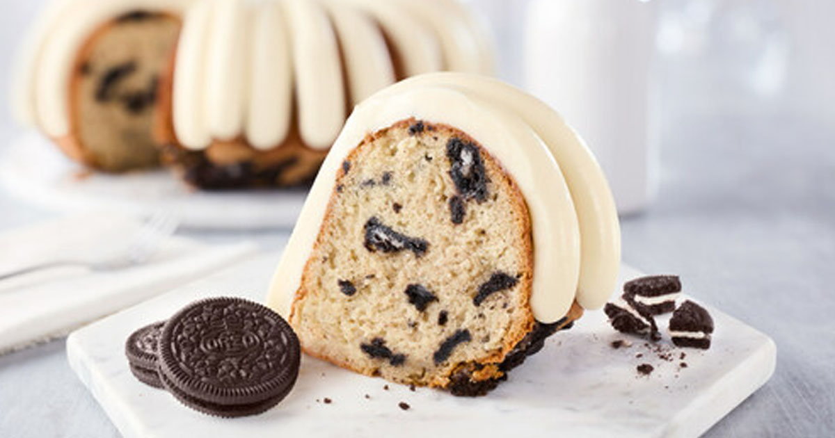 oreo bundt cake on plate with oreos