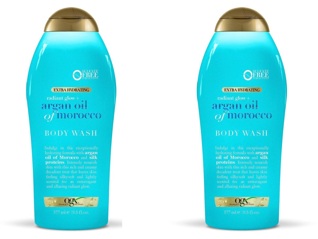 two bottles of OGX Radiant Glow + Argan Oil Extra Hydrating Body Wash 19.5oz Bottles