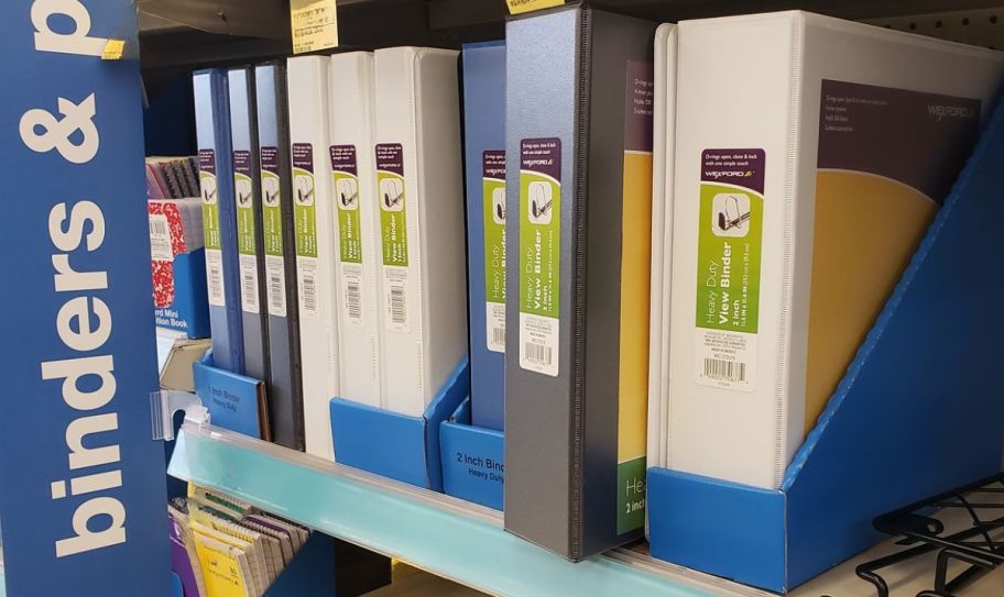 ring binders on a shelf in walgreens