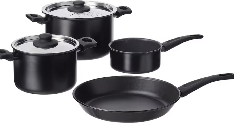 a black and silver cookware set with 3 pots and 1 pan