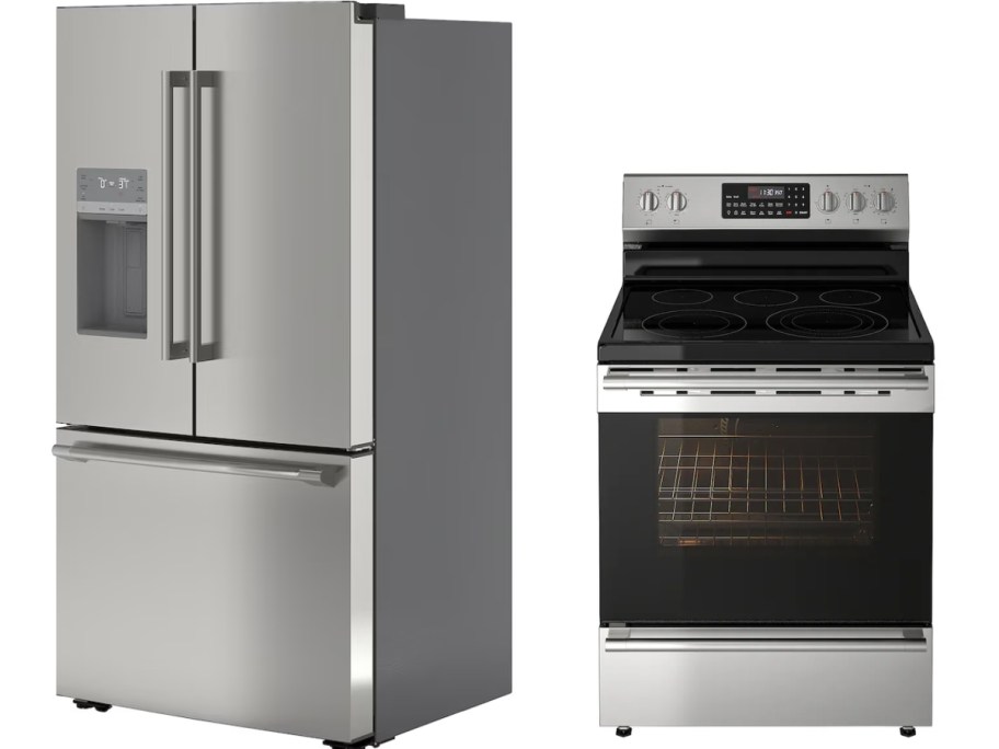 a stainless steel fridge and a stainless steel and black oven