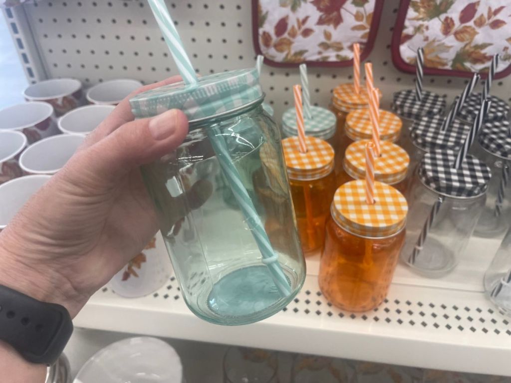 Mason Jar Glasses with Gingham Lids and Straws at Dollar Tree