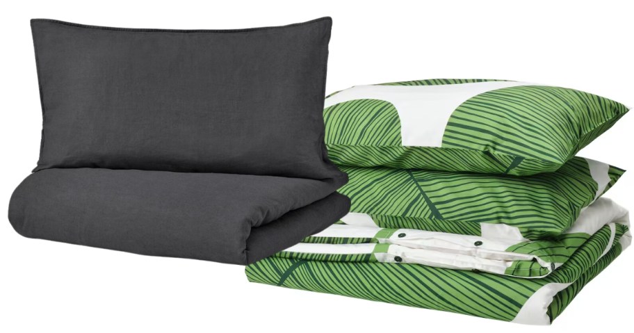 a grey duvet cover and pillow case and a green and white leaf print duvet cover and pillowcase