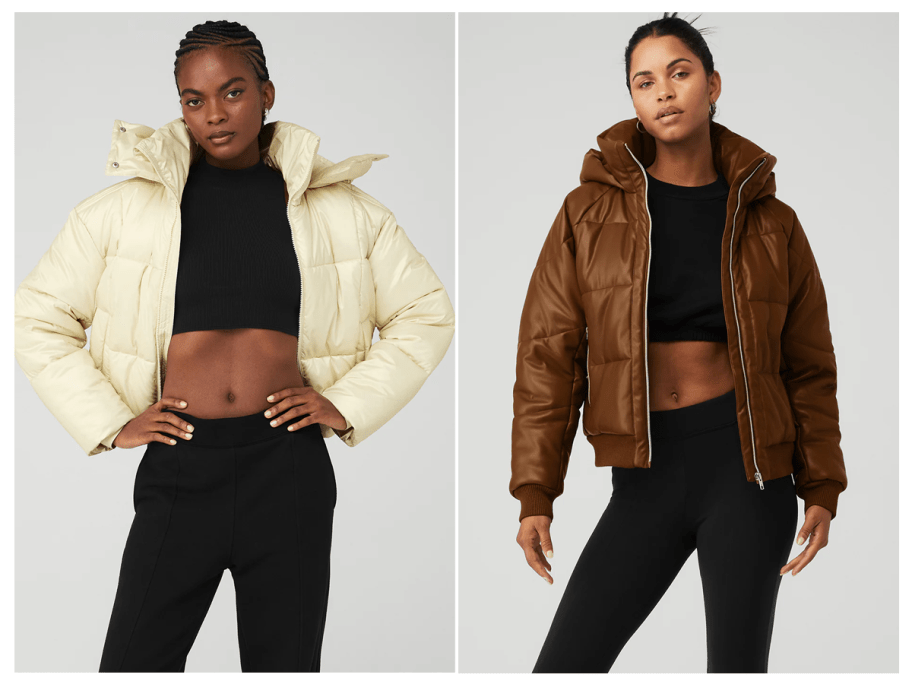 two women wearing an alo jacket