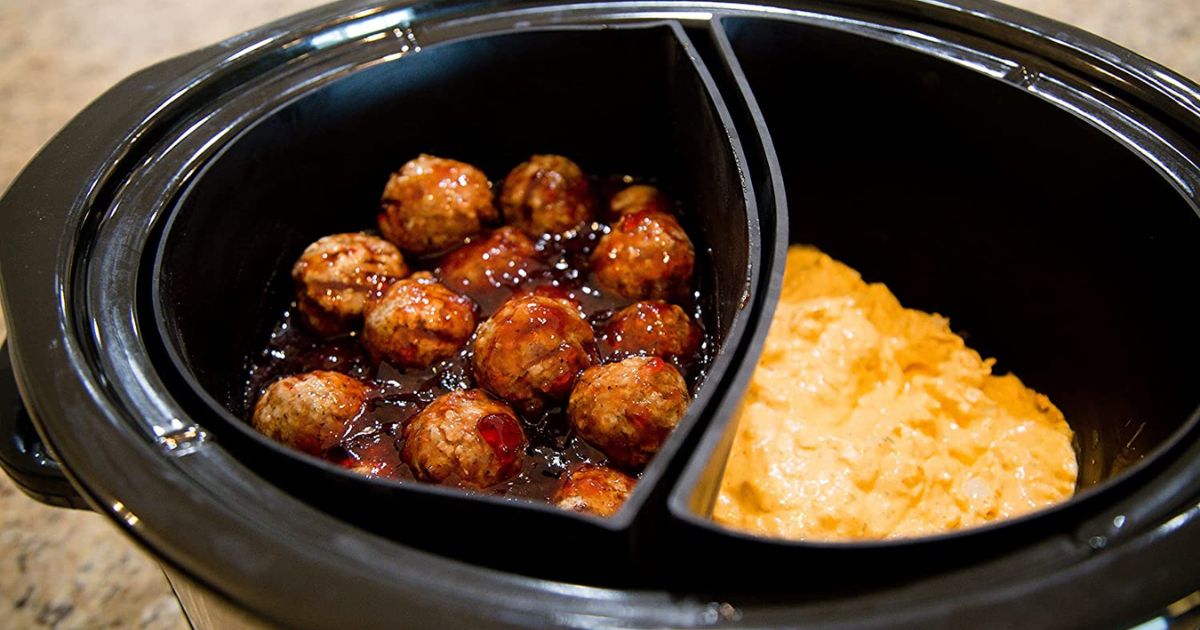 crock pocket slow cooker inserts filled with meatballs on one side and a dip on the other