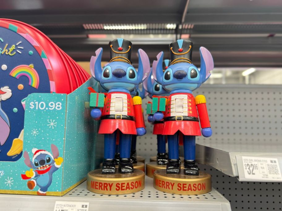 Disney Christmas Stitch Nutcrackers on shelf in store