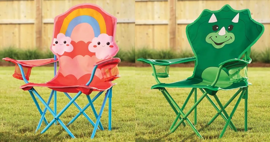 a kid's rainbow camping chair and dinosaur camping chair sitting in a backyard