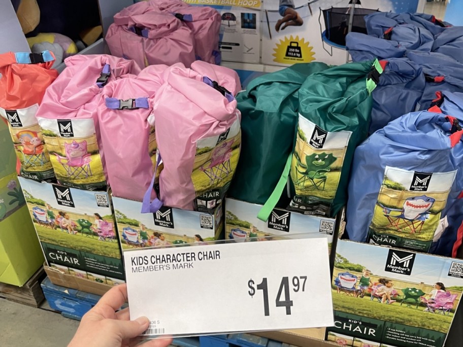 hand holding a price sign in front of kids folding camping chairs in bags on display in Sam's Club