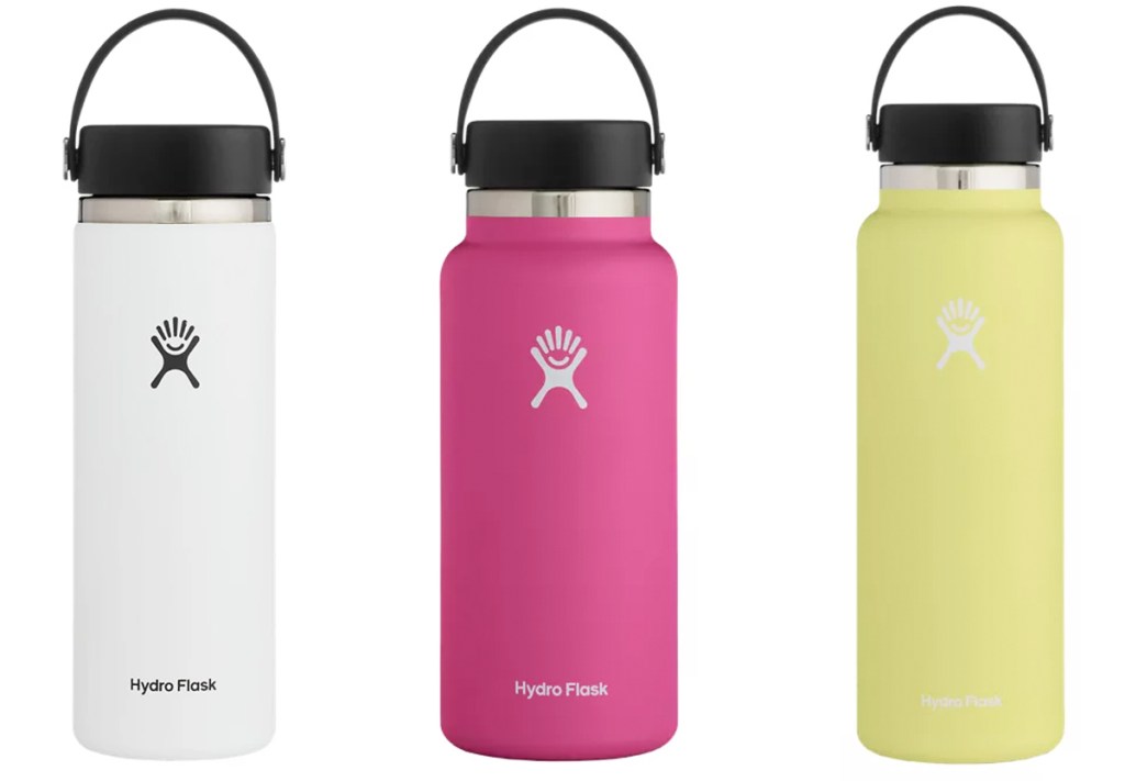 three hydro flask bottles