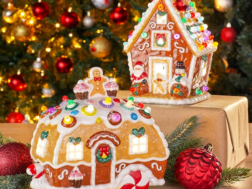 lighted gingerbread house and camper