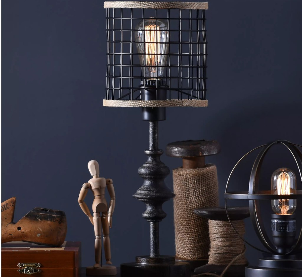 black metal and burlap table lamp