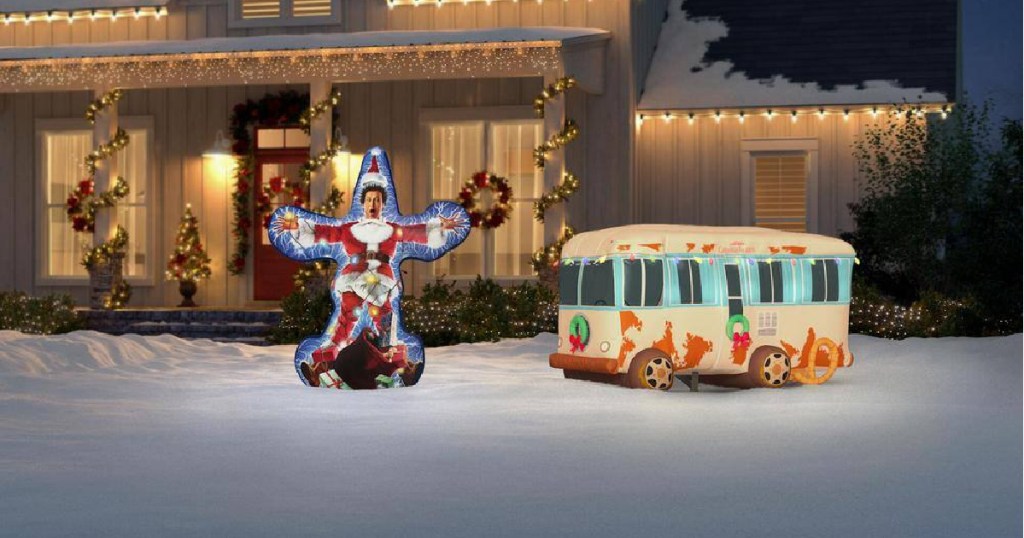 two National Lampoon's Christmas Vacation inflatables in front yard