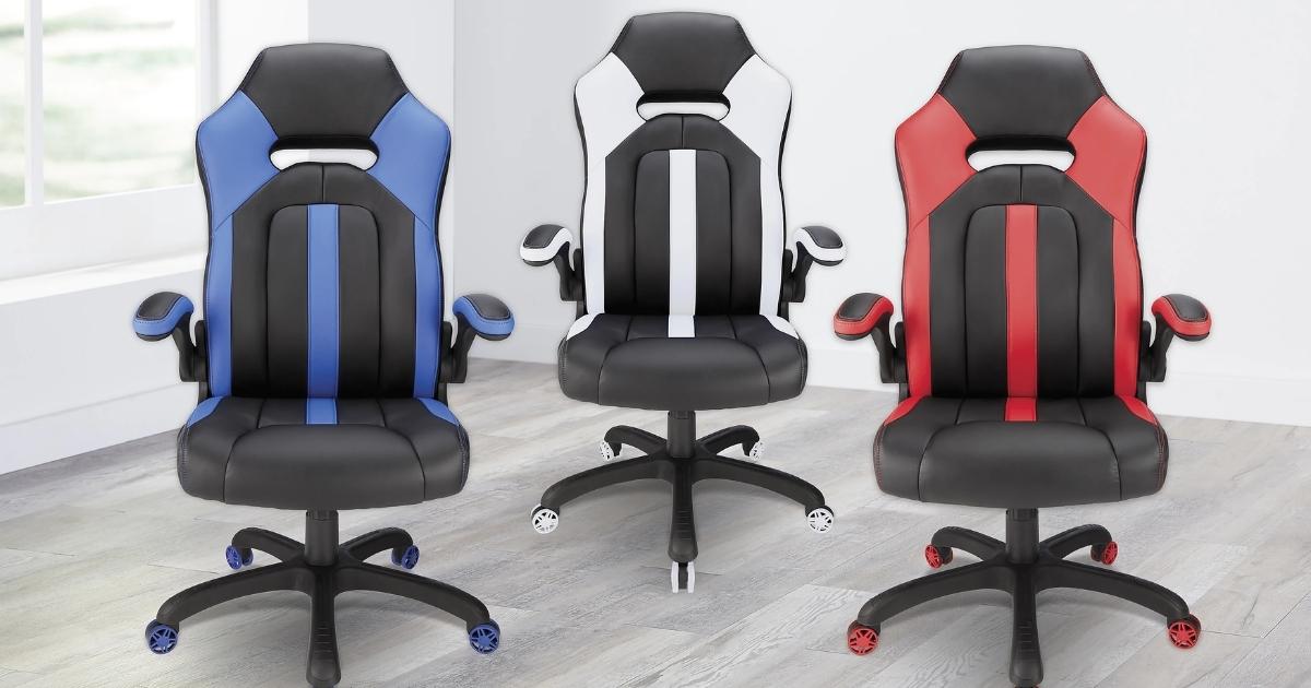 Realspace Gaming Bonded Leather High-Back Gaming Chair in Blue, White, and Red