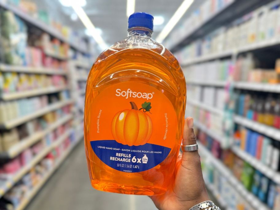 Softsoap Limited Edition Pumpkin Liquid Hand Soap 50oz Refill Bottle in hand in store