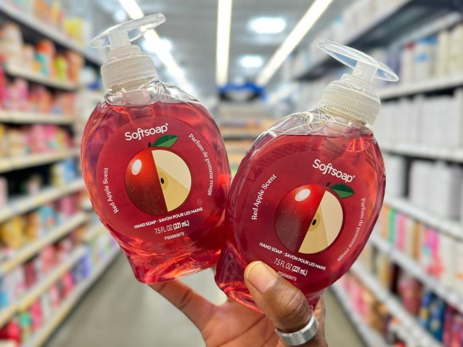 2 Softsoap Limited Edition Red Apple Liquid Hand Soap 7.5oz Pump Bottles in hand in store