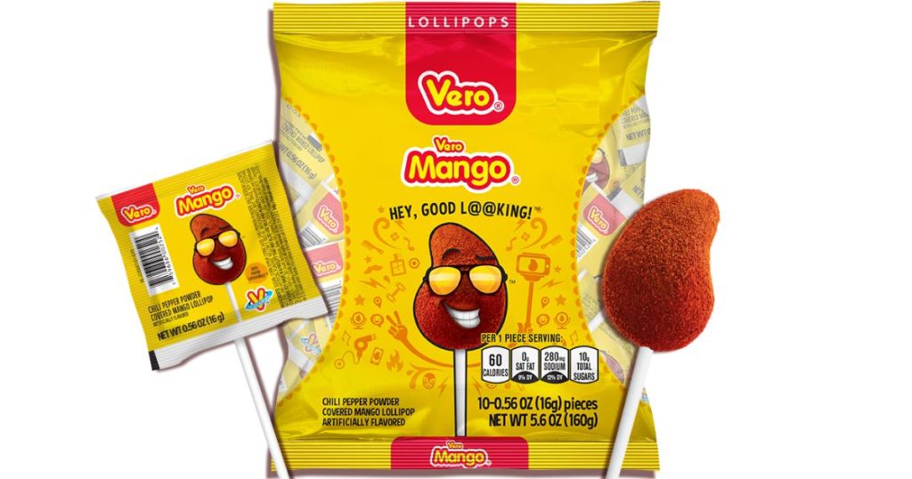 Bag of Vero Mango Lollipops with one lollipop in the wrapper to the left and an unwrapped lollipop to the right