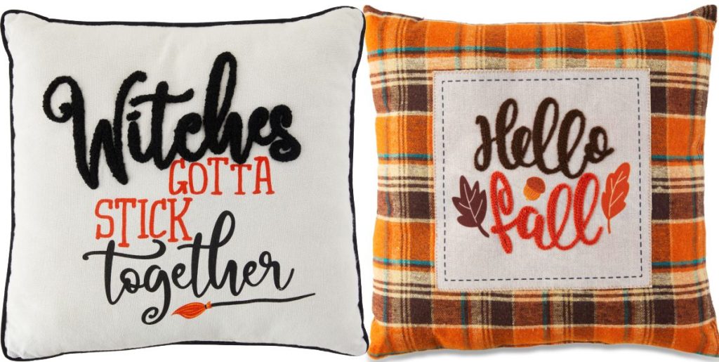 black and white witch pillow and orange plaid fall pillow