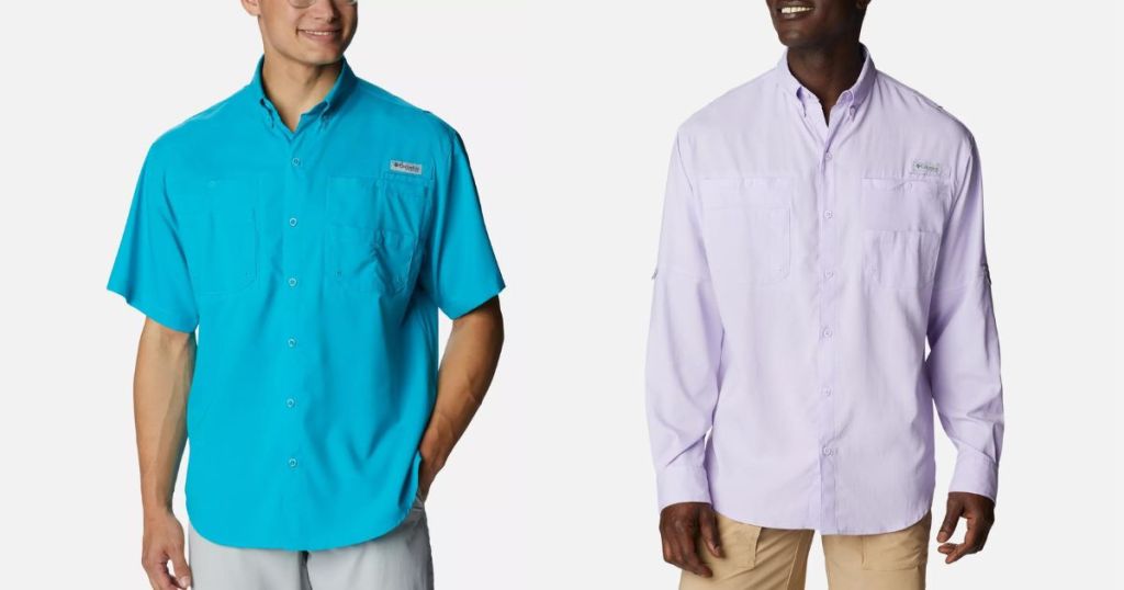 man wearing blue button up short sleeve top and man wearing purple button up long sleeve shirt